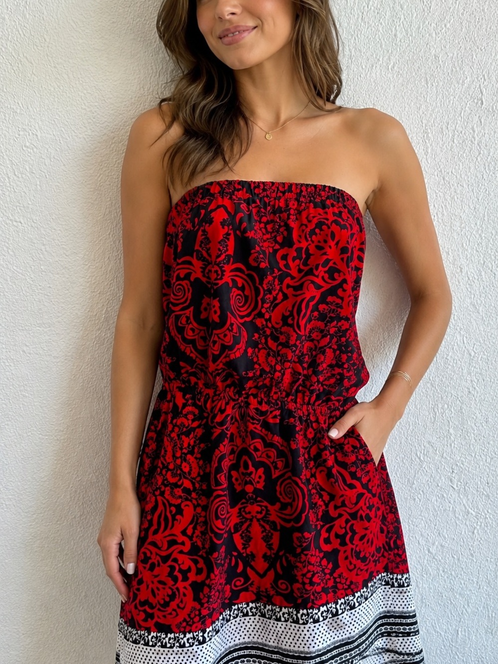 Express Strapless Red and Black Printed Dress